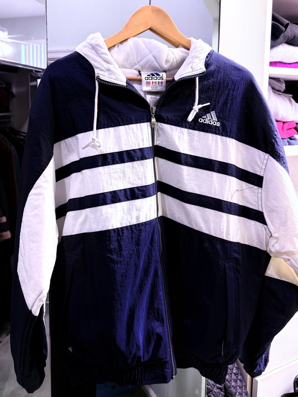 adidas Navy and White Hooded Windbreaker Jacket
